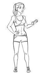 Young girl in the gym. Funny cartoon character. Vector illustration. Coloring book. Black and white