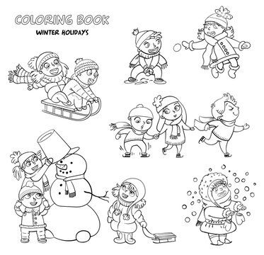Playing outdoor. Children sledding. Boy and girl playing in snowballs. Schoolchildren making the snowman. Girl trying to catch snowflakes with her tongue. Funny cartoon character. Coloring book