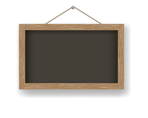 Black board with wooden frame on white background