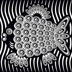Black and white decorative stylized drawing of a fish made up of geometric shapes and swirls seamless pattern