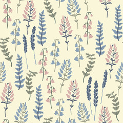 Trendy vector seamless pattern with forest plants, leaves, seeds and cones.