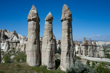 Unusual landscapes in the valley of love. Cappadocia. Turkey.