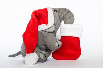 Elefante peluche con cappello natalizio e calza