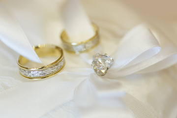 Обручальные кольца из белого и желтого золота на подушечке для колец