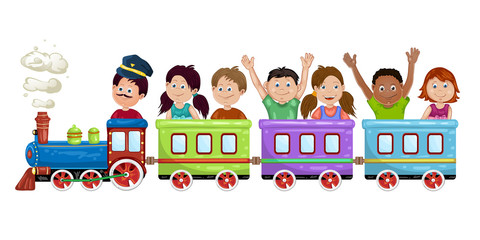 Kids, boys and girls  on a cartoon train. 