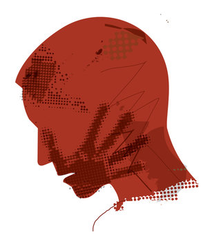 Man Victim Of Violence.
Young man grunge stylized silhouette with hand print on the face. Vector available.