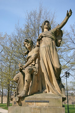 PRAGUE, CZECH REPUBLIC - APRIL 25, 2010: Sculpture 'Premysl a Libuse' (artist J.V.Myslbek) in Vysehrad garden, Prague