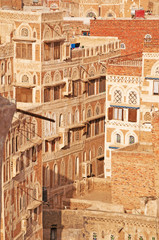 Case decorate, palazzi, tetti, la città vecchia di Sana'a, Yemen