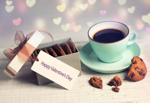 Valentine's day retro card coffee cup & cookies,present box labe