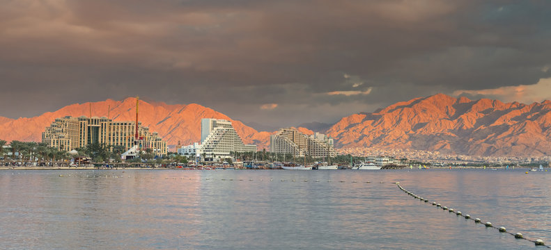View on the central beach of Eilat during sunset, Eilat is a famous resort and recreational city in Israel