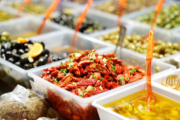 Sundried tomatoes on farmer's market in Italy