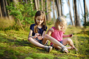 Naklejka na ściany i meble Two adorable little sisters hiking in a forest
