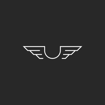Letter U monogram wings logo mockup, thin line design element, creative idea fiying emblem