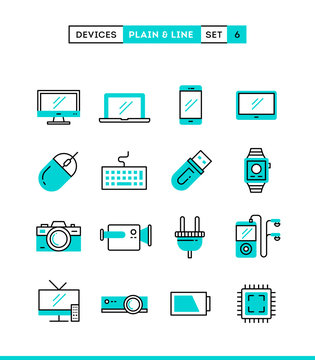 Technology, devices, gadgets and more. Plain and line icons set