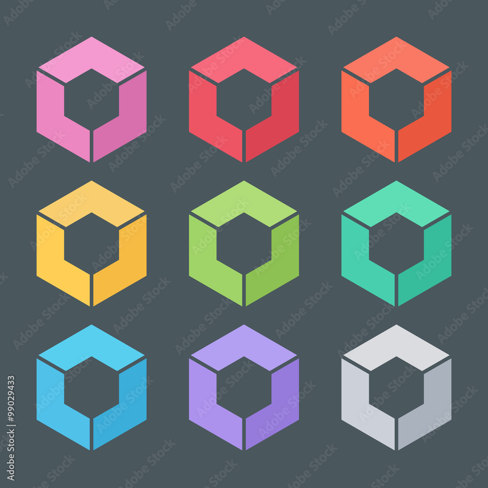 Poster Set of abstract cube vector template. Corner geometric shape and symmetric symbol, square icon, box logo or box shape. Geometric design.