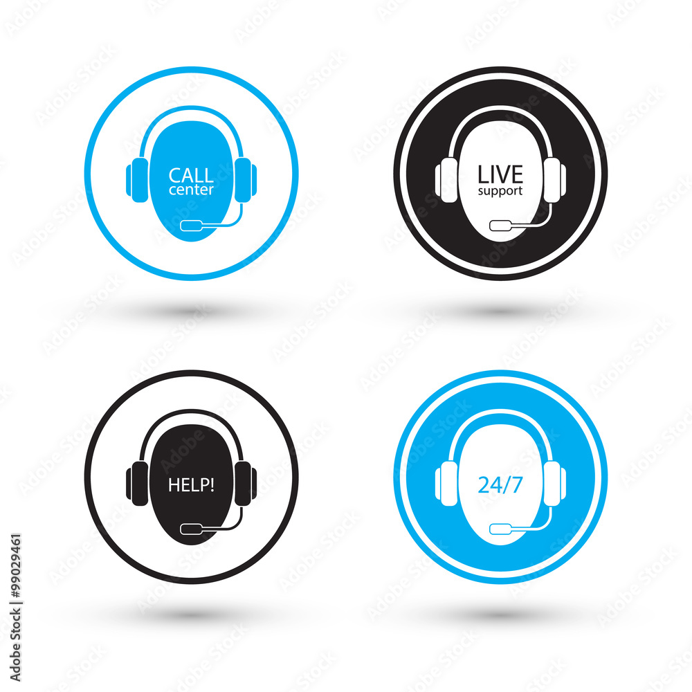 Poster Call center icons. Call center buttons. Operator in headset. Support vector icons. Vector illustration.