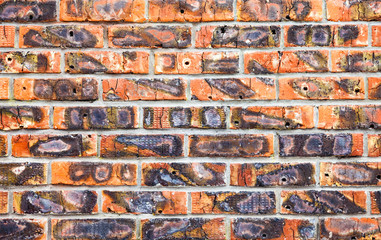 Weathered stained old red brick wall as background