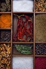 Spices in wooden box