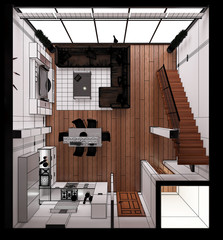 3D Interior rendering of a modern tiny loft - obrazy, fototapety, plakaty