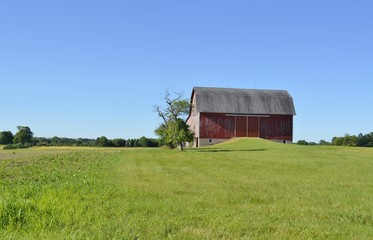 Obraz premium Agriculture storage barn and surrounding farmland on a sunny summer day