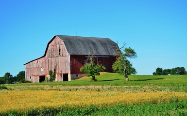 Obraz premium Agriculture storage barn and surrounding farmland on a sunny summer day