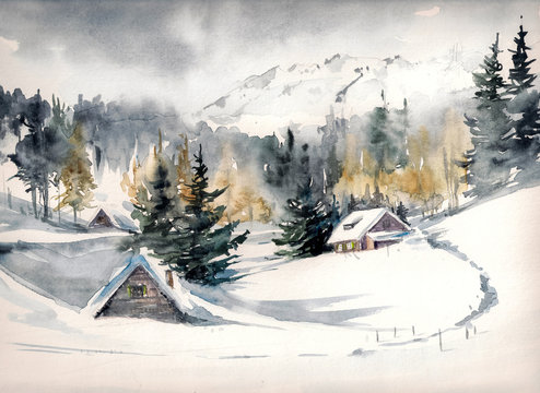 Winter landscape with mountain village covered with snow. Picture created with watercolors on paper.