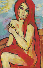 Naked girl with red hair. Painting, gouache