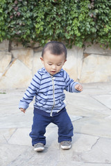 Cute Chinese baby boy playing outdoors