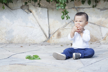 Cute Chinese baby boy eating an apple