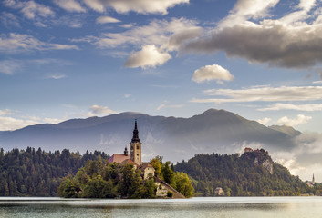 Bled with lake, island and mountains in background, Slovenia 