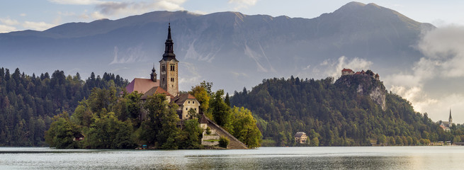 Bled with lake, island and mountains in background, Slovenia 