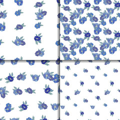 Set of four seamless patterns with blue flowers