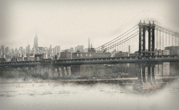 Aged monochromatic panorama of New York City © XtravaganT
