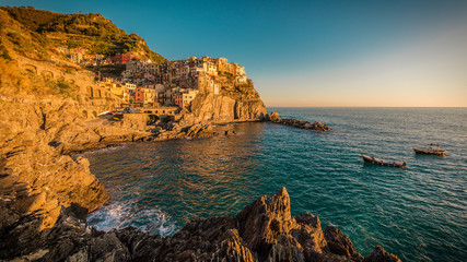 Warm sunset in Manarola, Cinque Terre, Italy. A high-resolution image, in 16x9 format