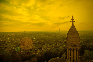 Rooftop and aerial view from Sacre Coeur Basilica in sunset ligh