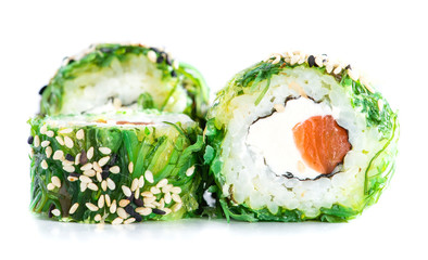 close-up of traditional fresh japanese seafood sushi rolls, isol