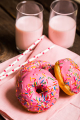 Pink donuts and a milkshake