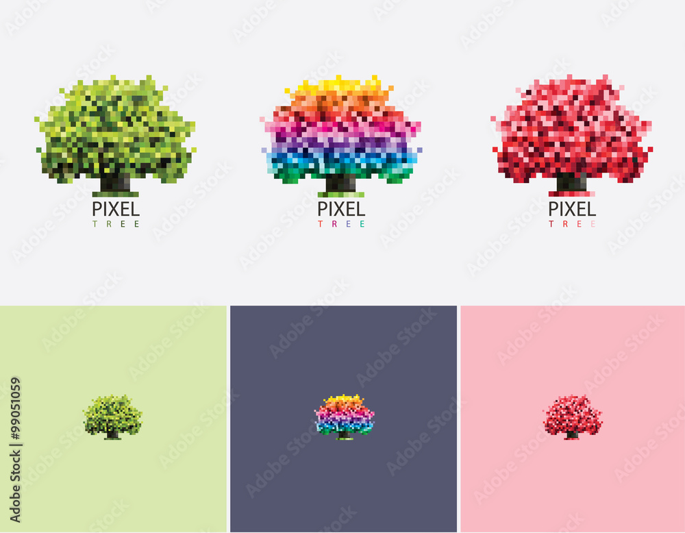 Sticker abstract geometric vivid pixel tree logo set collection in multicolored, green and red versions