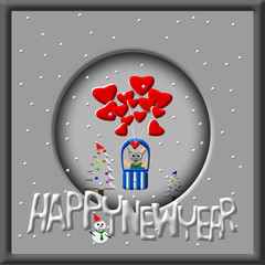 Greeting Card Design, Happy New Year, Happy New Year Card, Dog in balloon, Snowman and christmas tree illustration