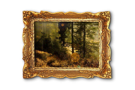 image of beautiful forest in wooden painting frame