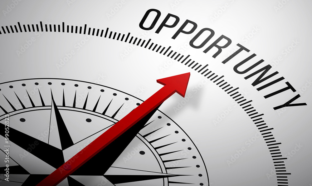 Poster 3d rendering of a compass with a opportunity icon.