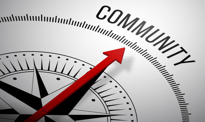 3D rendering of a compass with a Community icon.
