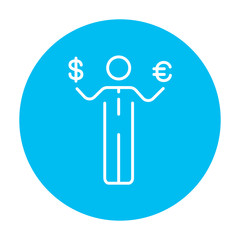 Businessman holding Euro and US dollar line icon.