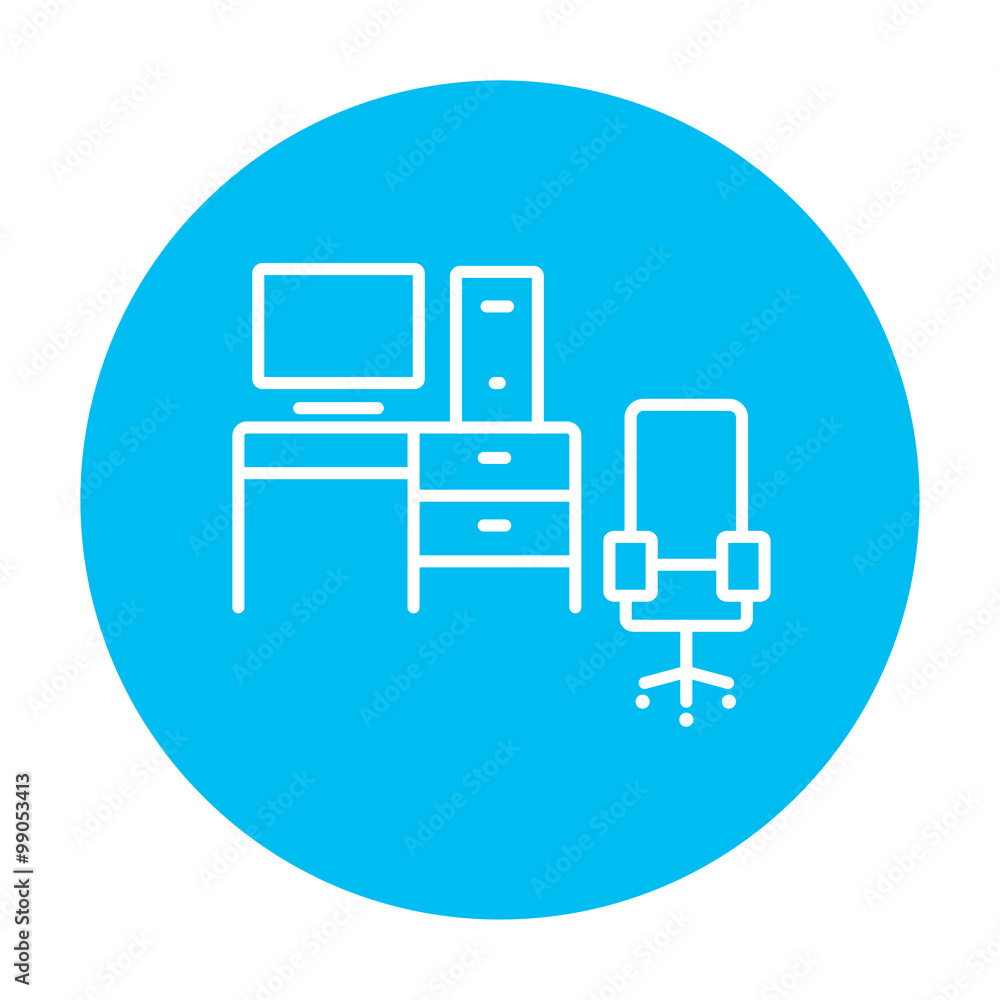 Poster computer set with table and chair line icon.