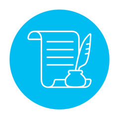 Paper scroll with feather pen line icon.