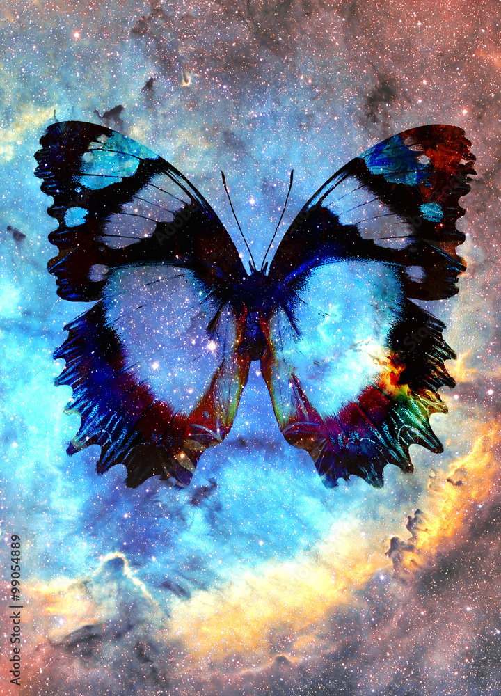 Poster illustration of a butterfly in cosmic space. mixed media, abstract color background.