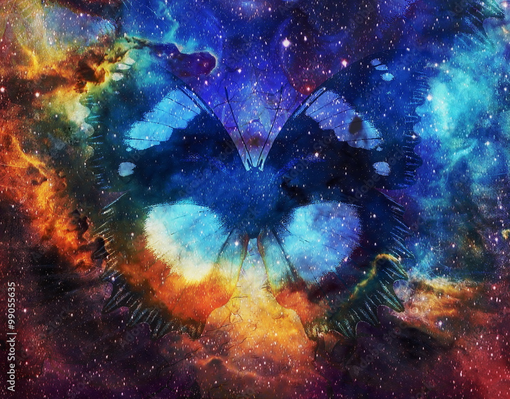 Poster illustration of a butterfly in cosmic space. mixed media, abstract color background.