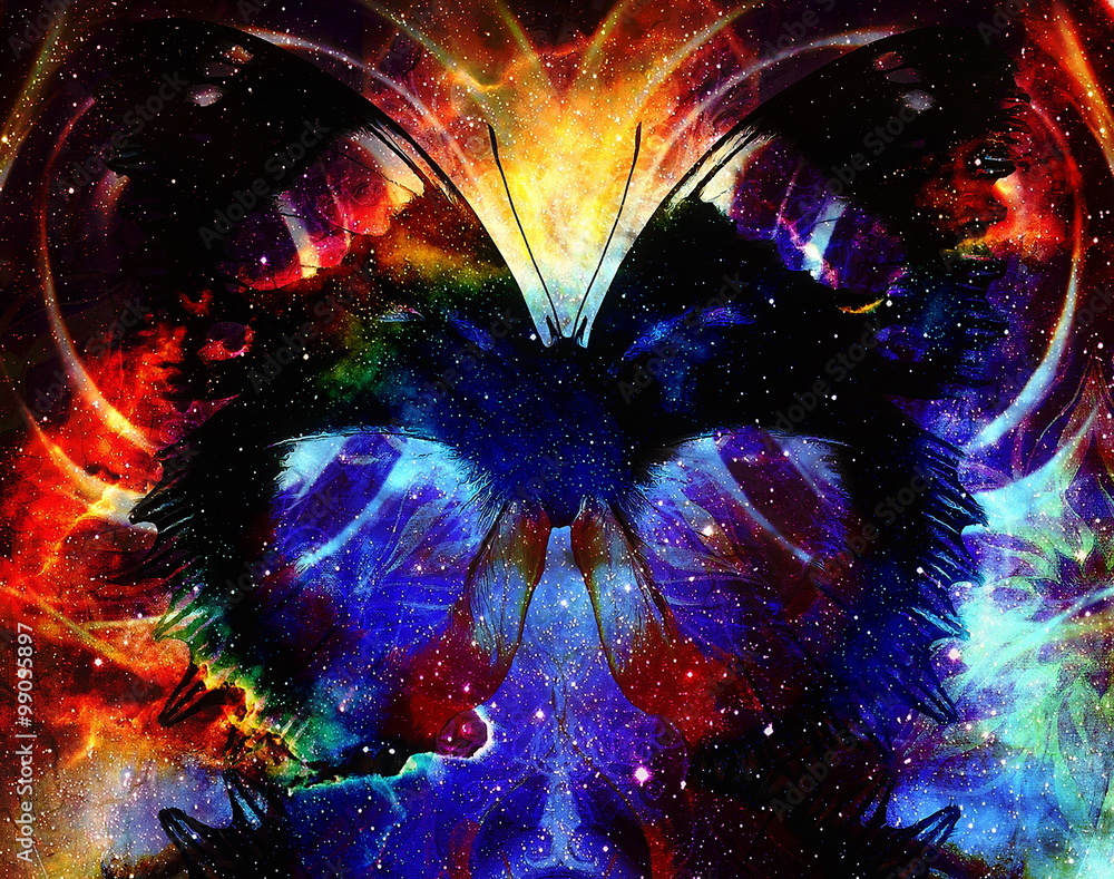 Poster illustration of a butterfly in cosmic space. mixed media, abstract color background.