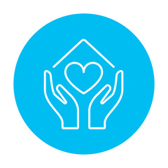 Hands holding house symbol with heart shape line icon.