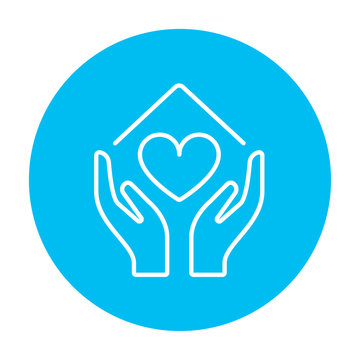 Hands holding house symbol with heart shape line icon.